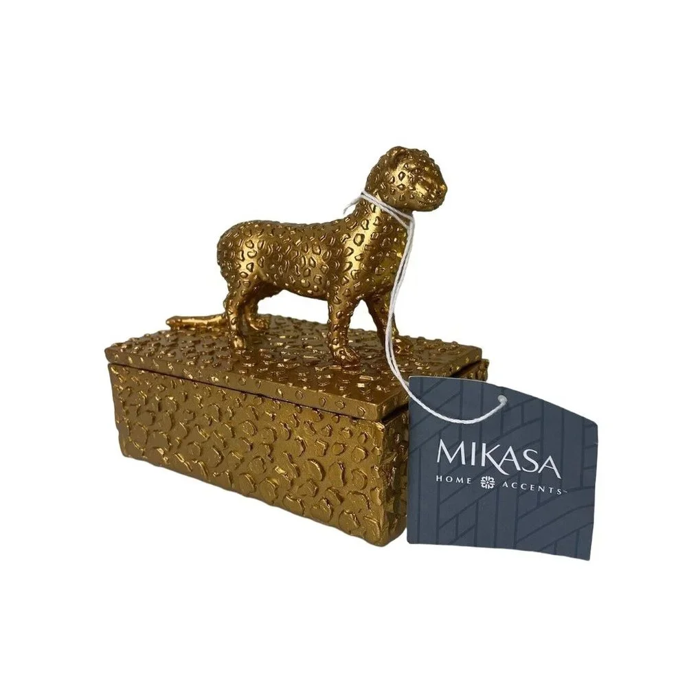 Mikasa Home Accents Leopard Gold Resin Trinket Jewelry Lidded Box, Decor